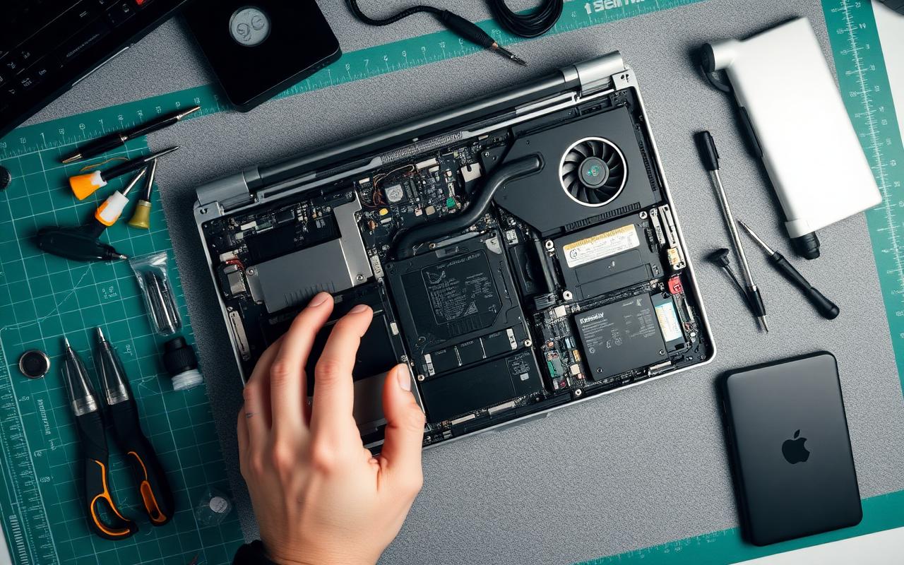 Laptop smontato con strumenti di riparazione
