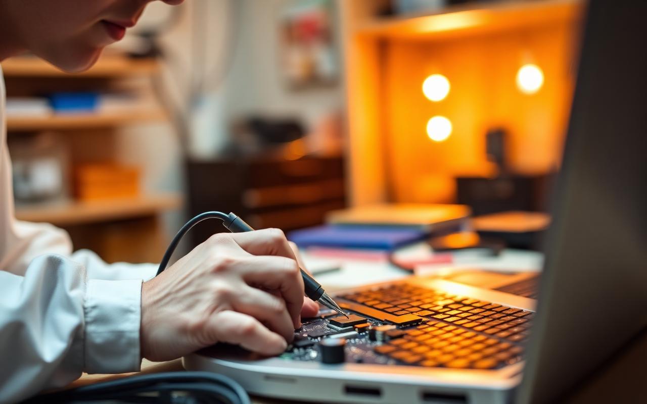 Tecnico al lavoro in laboratorio di riparazione laptop
