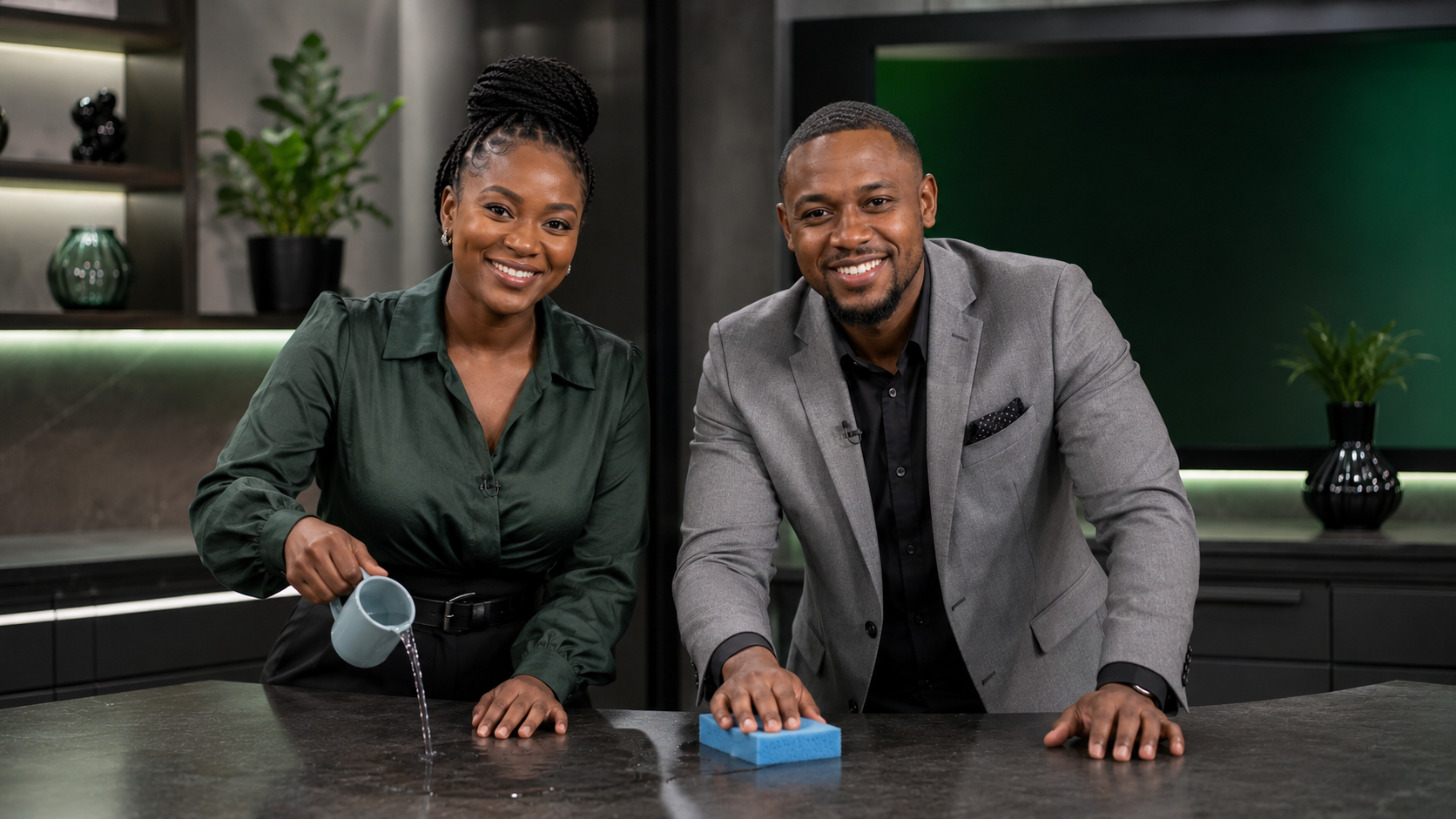 TV presenters demonstrating the iscricrass sponge on a cooking show