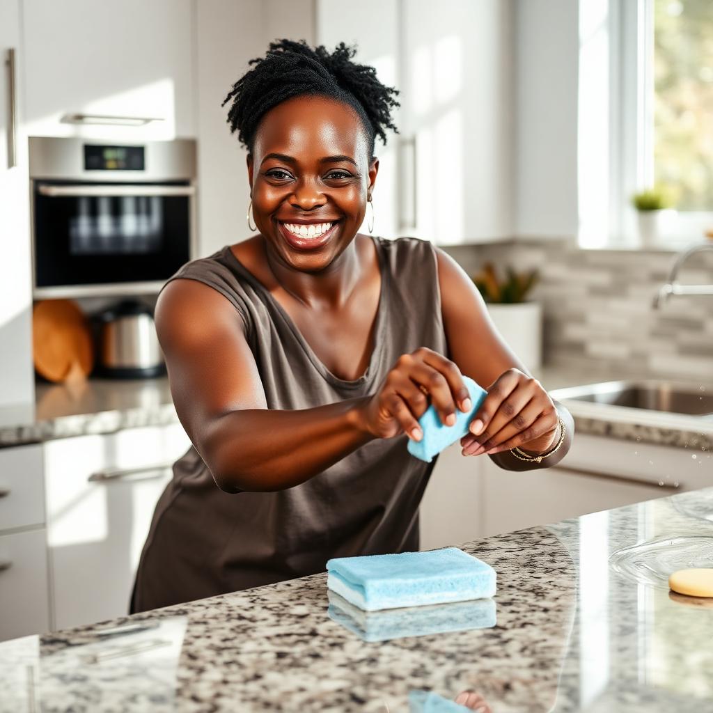 Woman wiping a kitchen counter with the iscricrass sponge